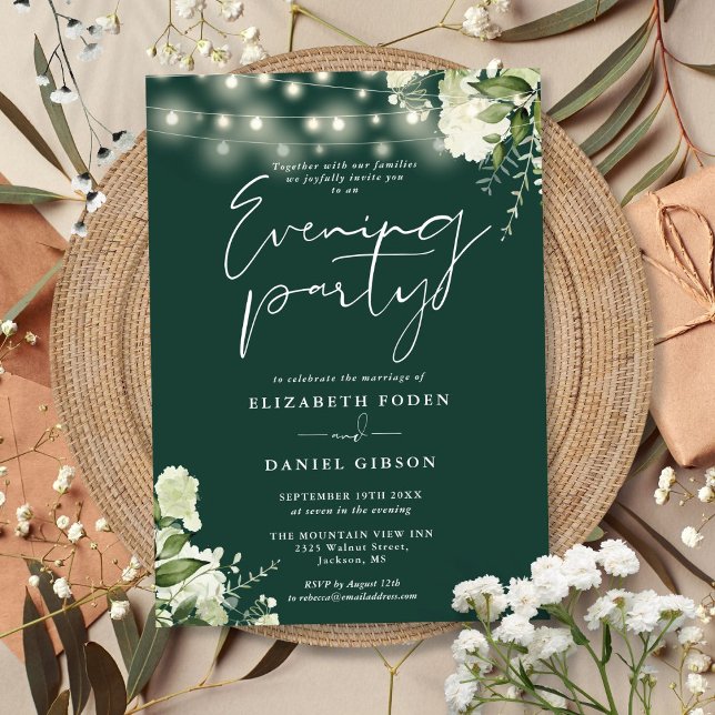 Smaragda grönskande ljus bröllop kväll fest inbjudningar (Emerald Greenery Lights Wedding Evening Party Invitation)