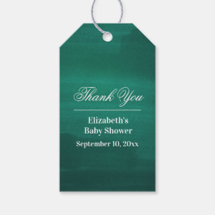 Smaragdbaby shower. Neutraltgrönt tackar dig Presentetikett