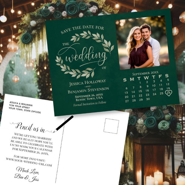 Smaragdblads fotokalender Bröllopsdatum Spara Meddelande Vykort (Front/Back)