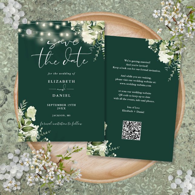 Smaragdblommig sladdbelysning QR-kod Bröllop Spara Datumet (Emerald Floral String Lights QR Code Wedding Save The Date)