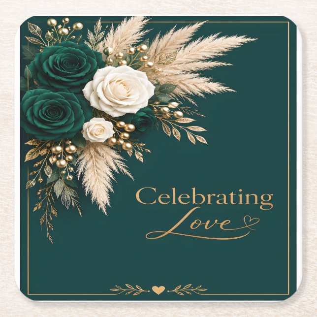 Smaragdelegans: "Celebrating Love" Bröllop  Underlägg Papper Kvadrat (Framsidan)