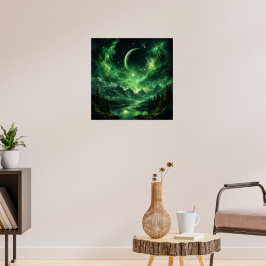 Smaragdgalaxtens natthimmel över bergsskog poster