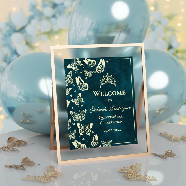 Smaragdgrön 15-årsdag Quinceañera välkomstskylt Poster (Emerald Green 15th Birthday Quinceañera Welcome Poster)