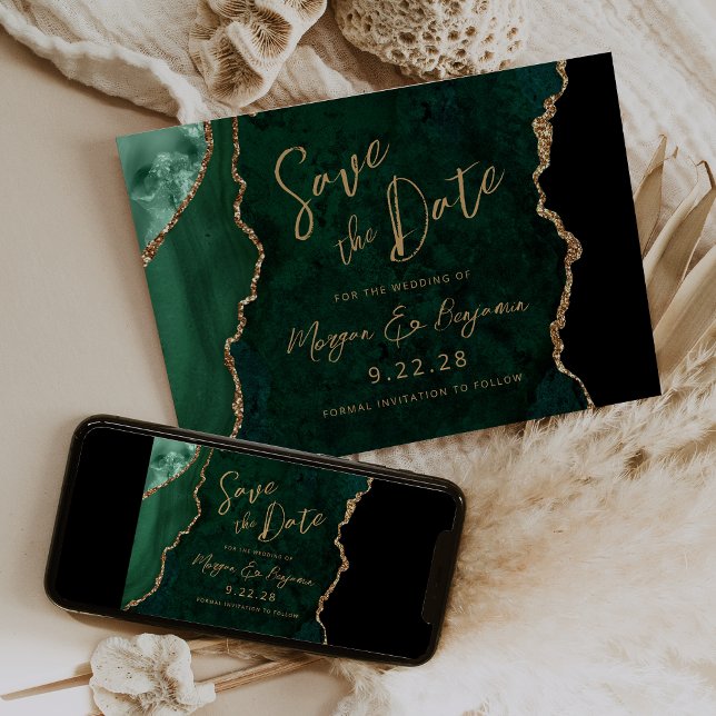 Smaragdgrön Agat Script Bröllop Spara Datum Datumet (Choose from printed invitations, instant digital download or both.)