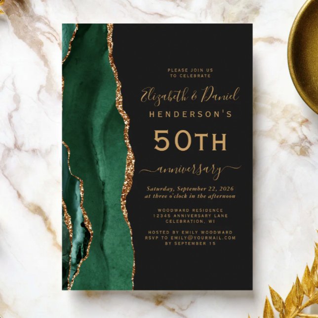 Smaragdgrön Agat Svart Guld 50-årsjubileum Inbjudningar (Skapare uppladdad)