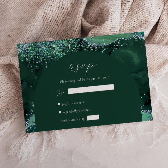 Smaragdgrön Agatbåge Silverglitter Bröllop OSA Kort (Skapare uppladdad)