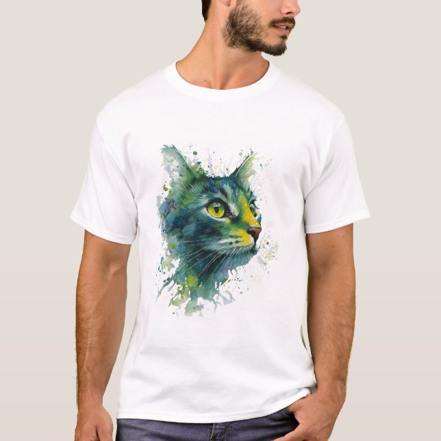 Smaragdgrön akvarell kattansikte modern konst t shirt (Framsida)