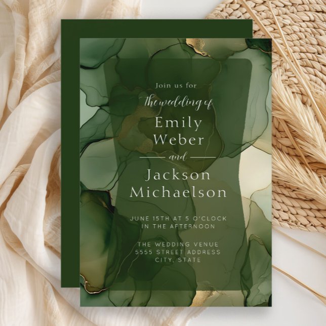 Smaragdgrön alkoholbläck bröllopsinbjudan inbjudningar (Emerald and olive green alcohol ink wedding invitation)