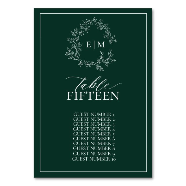 Smaragdgrön Bladig Kam Monogram Bröllop Bordsnummer (Framsidan)