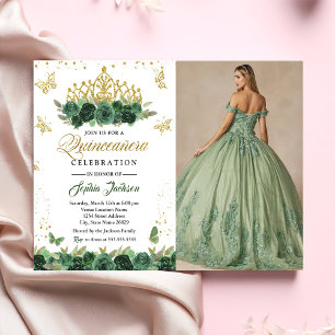 Smaragdgrön blomkrans tiara fjäril Quinceanera Inbjudningar