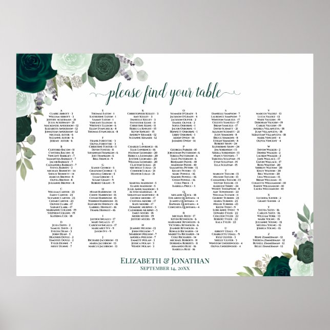 Smaragdgrön Blommig Alfabetisk Placeringsplan Poster (Framsidan)