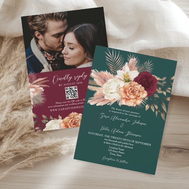 Smaragdgrön Blommig Bröllopsinbjudan med QR-kod Inbjudningar (Skapare uppladdad)