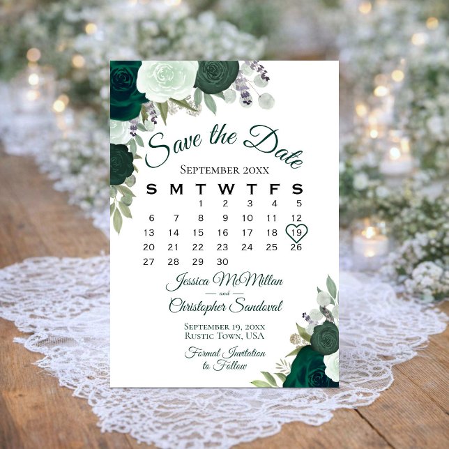 Smaragdgrön Blommig Elegant Boho Bröllopskalender Spara Datumet (Customize the Calendar and Drag the Heart over Your Wedding Date!)