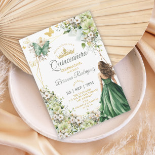 Smaragdgrön Blommig Guld Fjäril Quinceañera Inbjudningar