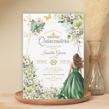 Smaragdgrön Blommig Guld Fjäril Quinceañera