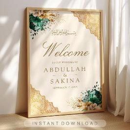 Smaragdgrön Blommig Guld Muslimsk Bröllopshälsning Poster