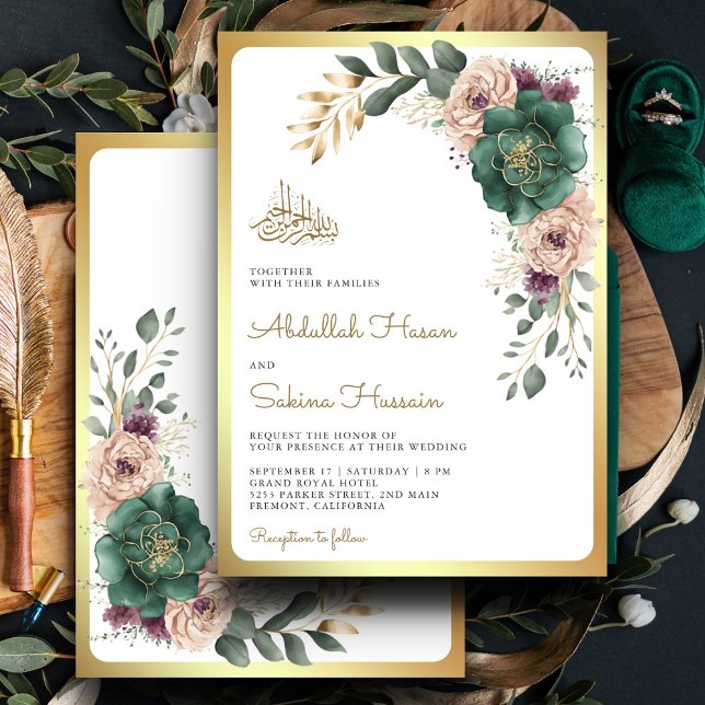 Smaragdgrön Blommig Kvist QR-kod Muslimsk Bröllop Inbjudningar (Skapare uppladdad)