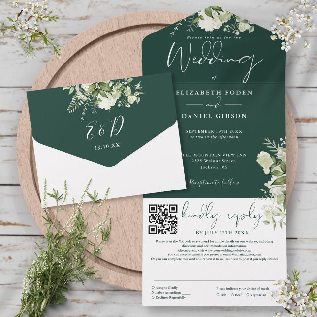 Smaragdgrön Blommig Monogram QR-kod Bröllop (Emerald Green Floral Monogram QR Code Wedding All In One Invitation)
