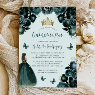 Smaragdgrön Blommig Princess Quinceañera Inbjudningar