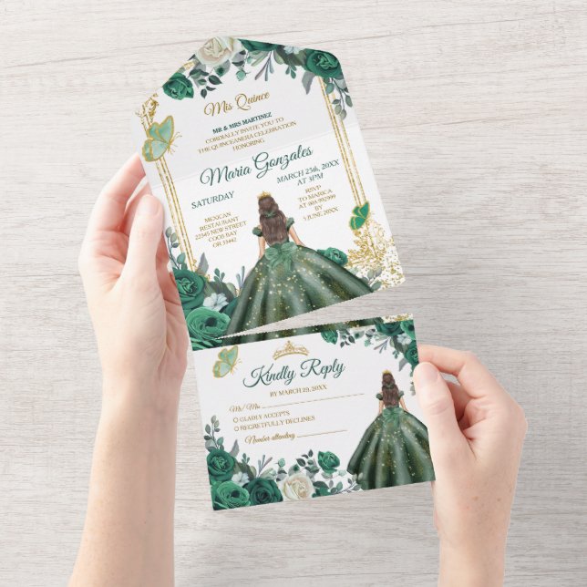 Smaragdgrön Blommig Prinsessa Guld Quinceañera (Avrivbar del)