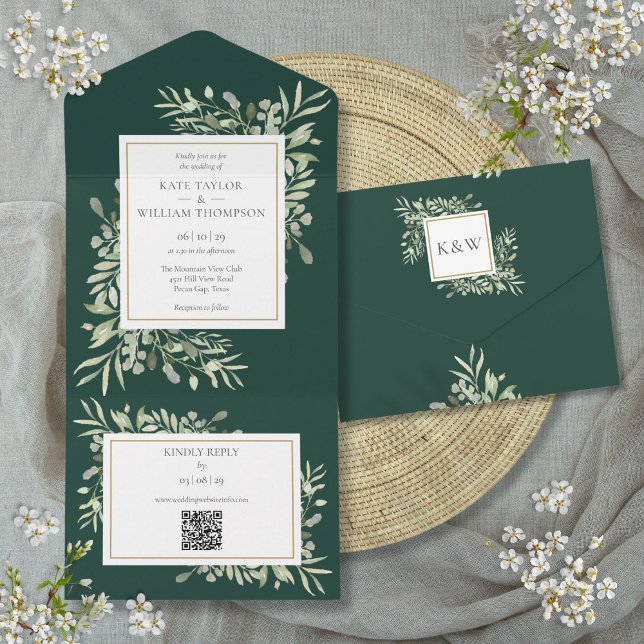 Smaragdgrön Blommig QR-kod Bröllop (Emerald Greenery Floral QR Code Wedding All In One Invitation)