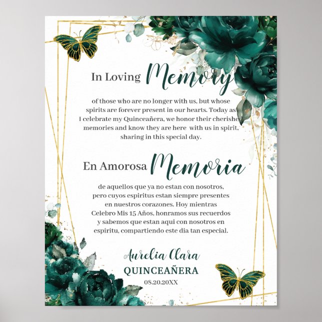Smaragdgrön Blommig Quinceanera Till Minne Av Kärl Poster (Framsidan)