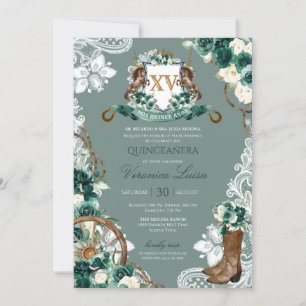 Smaragdgrön Blommig Vapen Quinceanera Invi Inbjudningar