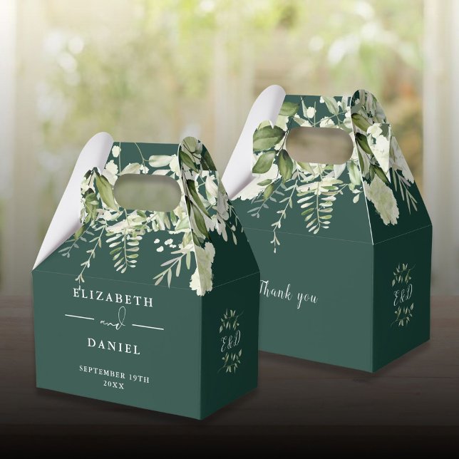 Smaragdgrön Blommig Växtlighet Monogram Bröllop Presentaskar (Emerald Floral Greenery Monogram Wedding Favor Boxes)