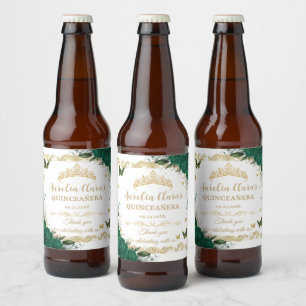 Smaragdgrön Blommig Vintage Guld Quinceañera Ölflaska Etikett