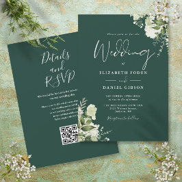 Smaragdgrön blomster QR-kod Bröllop Inbjudningar
