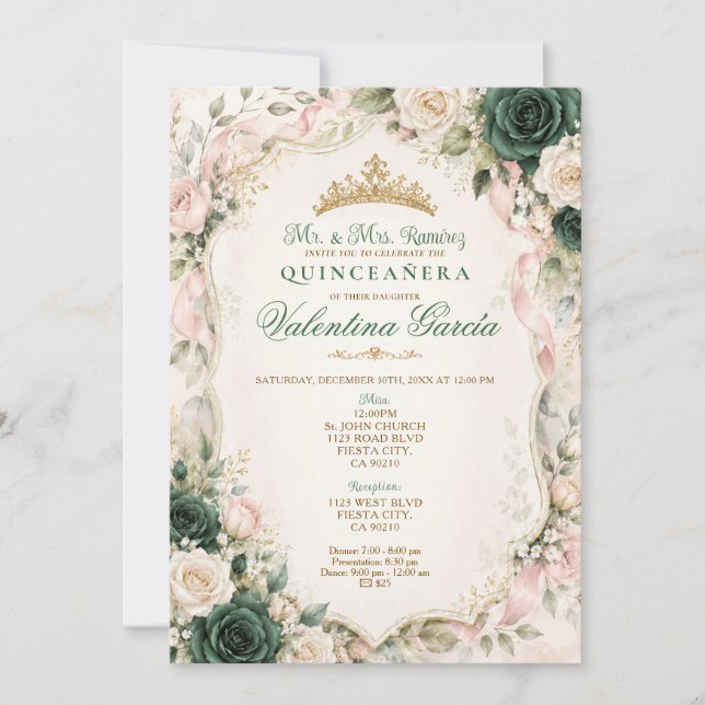 Smaragdgrön blomsterbåge Quinceañera-inbjudan Inbjudningar (Framsida)