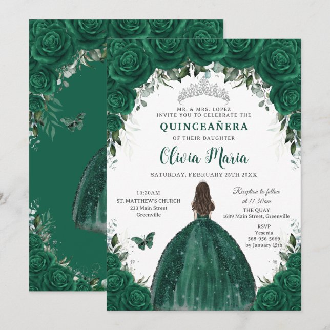 Smaragdgrön blomsterglans prinsessa silver Quincea Inbjudningar (Fram/baksida)
