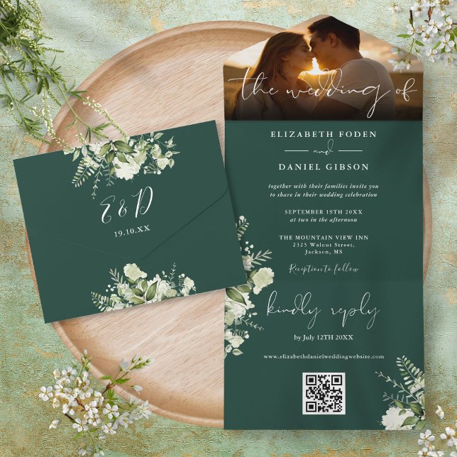 Smaragdgrön blomstergrönska QR-kod Bröllopsfoto (Emerald Floral Greenery QR Code Wedding Photo All In One Invitation)