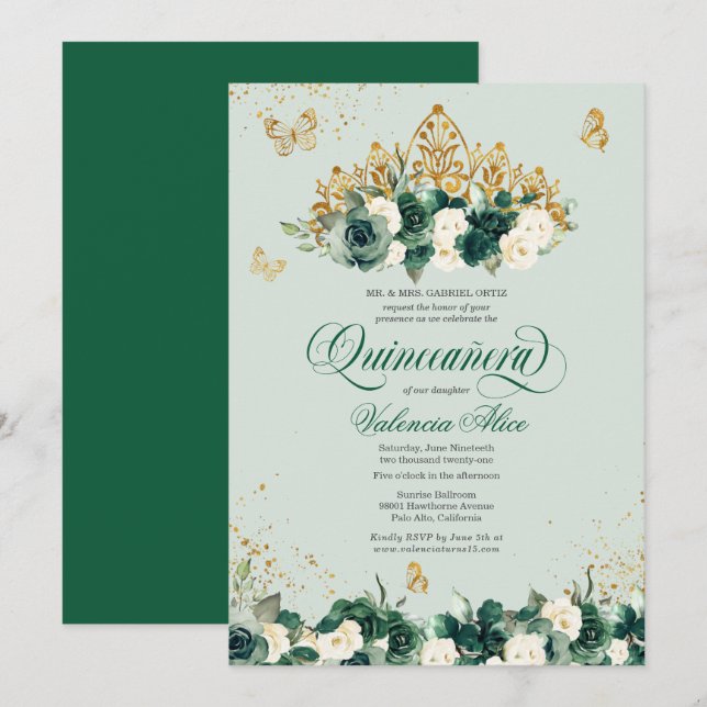 Smaragdgrön blomsterkrone + Fjärils Quinceanera Inbjudningar (Fram/baksida)