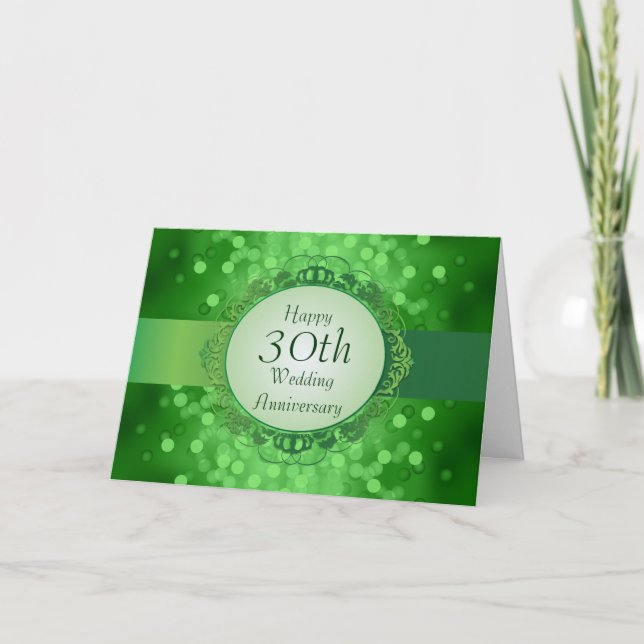 Smaragdgrön Bokeh 30-årsjubileumskort Kort (Framsida)