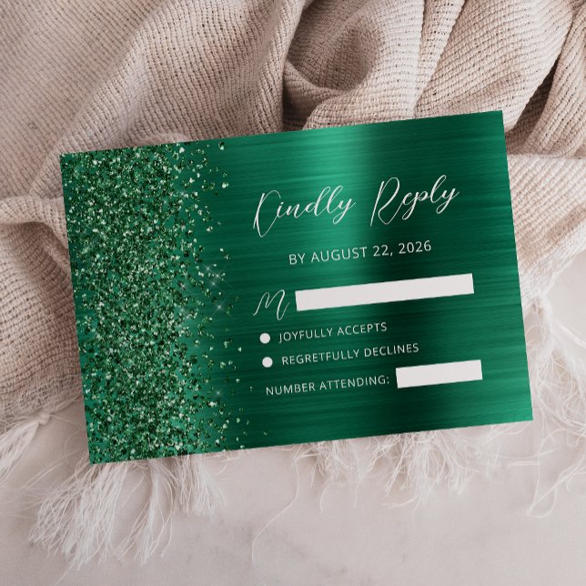 Smaragdgrön Borstad Metall Glitter Bröllopsskrift OSA Kort (Skapare uppladdad)