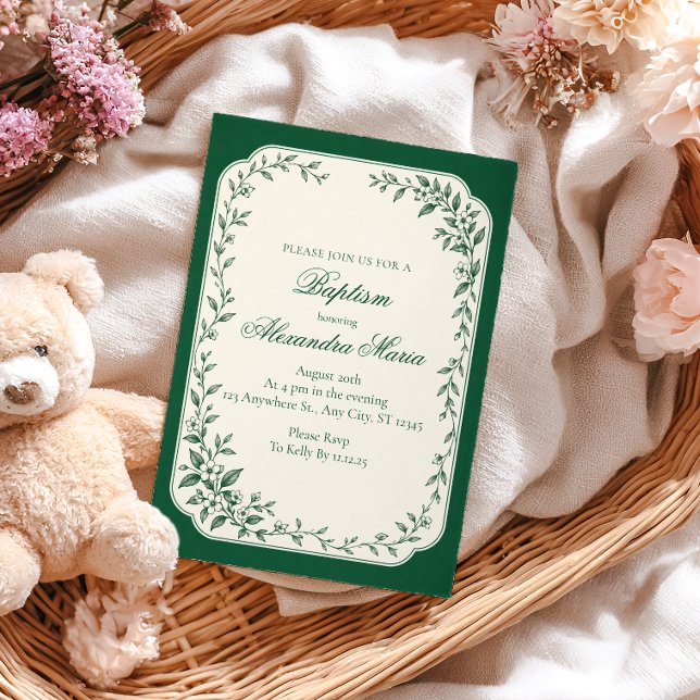 Smaragdgrön botanisk dopceremoni inbjudningar (Skapare uppladdad)