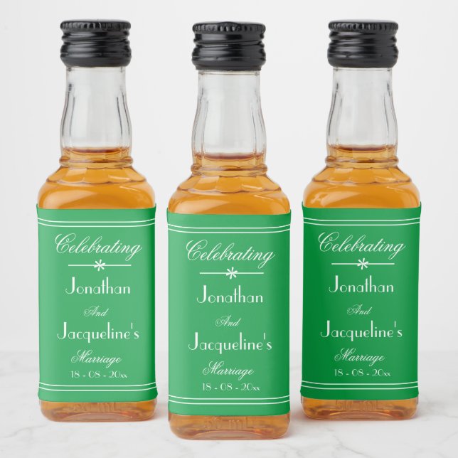 Smaragdgrön Bröllop Vit Namn Datum Chic Mini Spritflaskor Etikett (Flaskor)