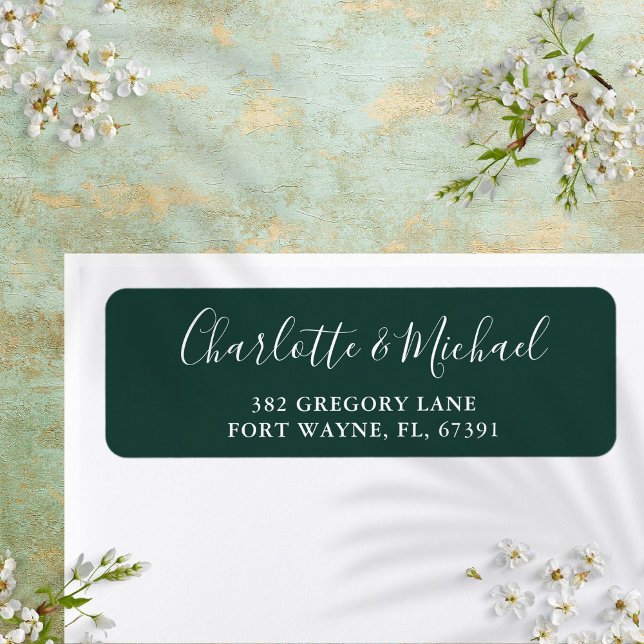 Smaragdgrön bröllopsreturadress i skrivstil returadress etikett (Emerald Green Script Wedding Return Address Label)