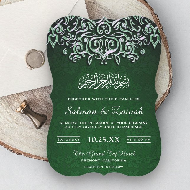 Smaragdgrön Damask Islamsk Muslimsk Bröllopsinbjud Inbjudningar (Skapare uppladdad)