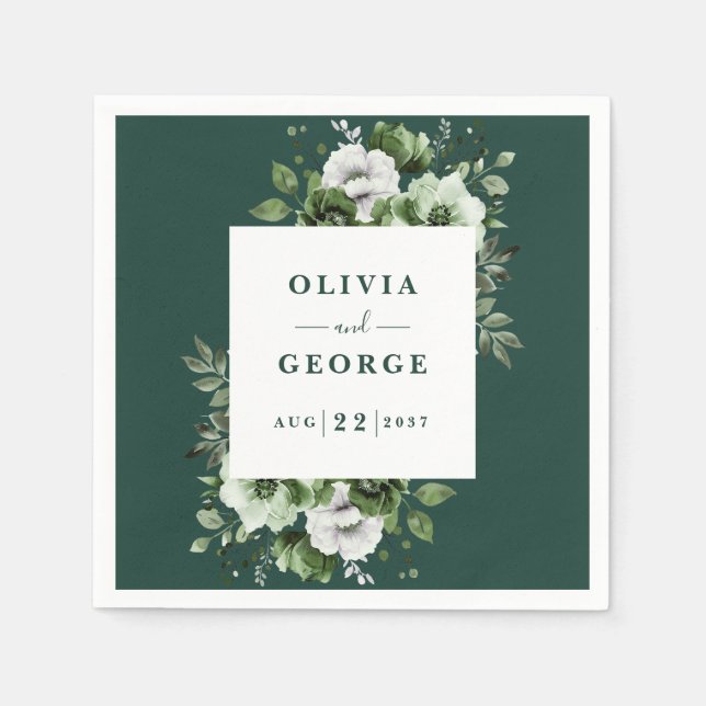 Smaragdgrön Elegant Blommig Bröllop Servett (Framsidan)