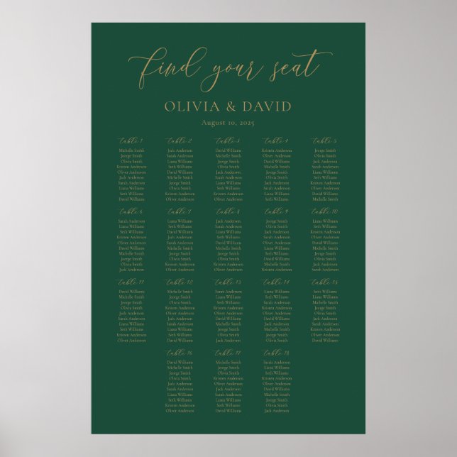 Smaragdgrön Elegant Bordplan för 18 bord Poster (Framsidan)