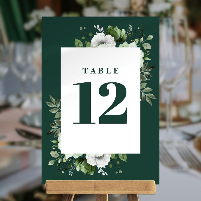 Smaragdgrön Elegant Lantlig Blommig Bordskort (Emerald Green Elegant Country Floral Table Number)
