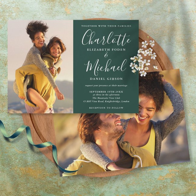 Smaragdgrön Elegant Skrift Bröllopsfoton Inbjudningar (Skapare uppladdad)