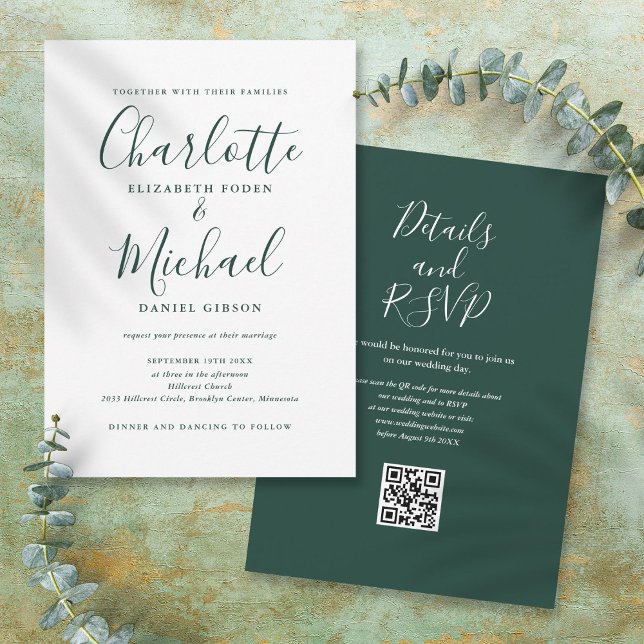 Smaragdgrön Elegant Skrift QR-kod Bröllop Inbjudningar (Emerald Green Elegant Script QR Code Wedding Invitation)