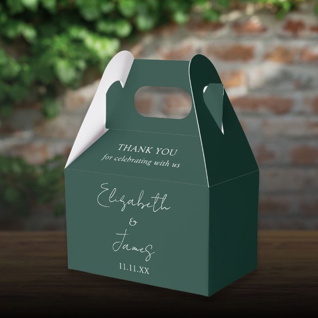 Smaragdgrön Elegant Skript Bröllop Tack Presentaskar (Emerald Green Elegant Script Wedding Thank You Favor Boxes)