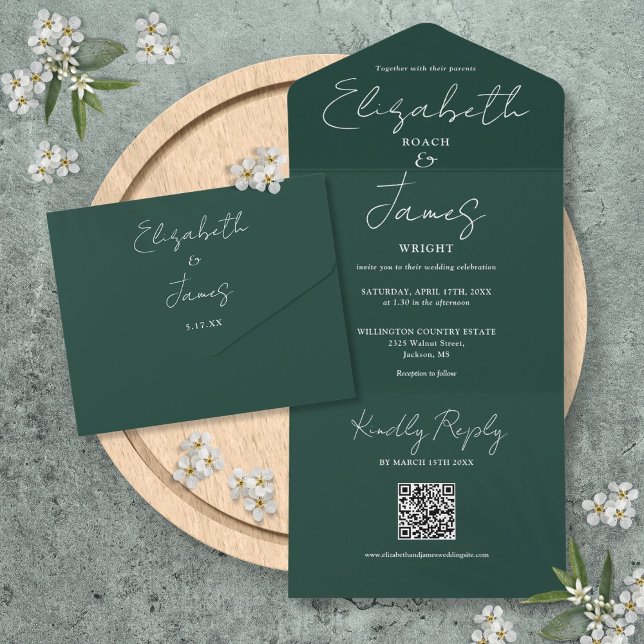 Smaragdgrön Elegant Skript QR-kod Bröllop (Emerald Green Elegant Script QR Code Wedding All In One Invitation)
