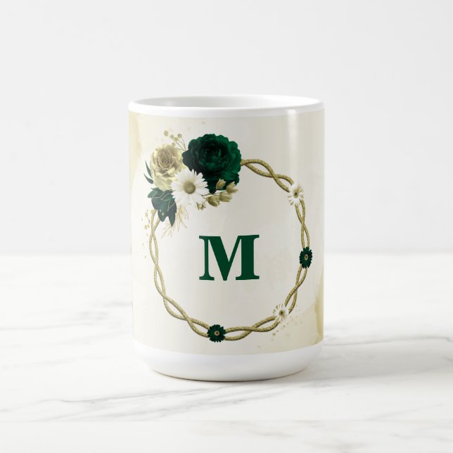 Smaragdgrön elfenbensguld blommor monogram kaffemugg (Center)