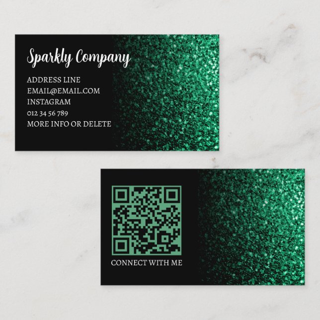 Smaragdgrön falsk glans svart elegant QR-kod Visitkort (Fram/baksida)