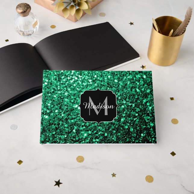 Smaragdgrön falsk glitter gnistrar Monogram Gästböcker (Framsida öppen)